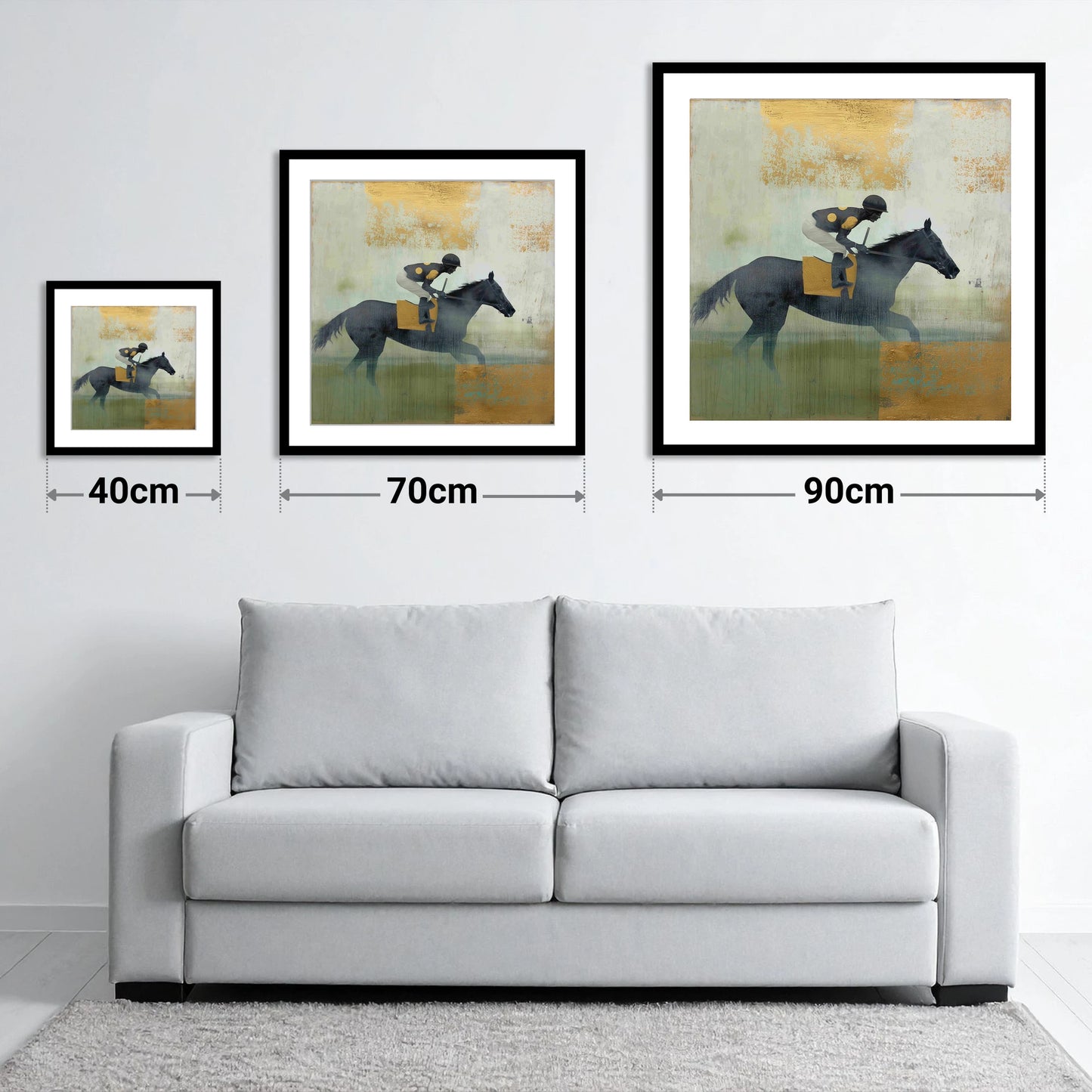 The Gilded Gallop - size guide showing 40cm, 70cm and 90cm art prints