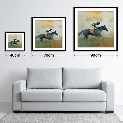 The Gilded Gallop - size guide showing 40cm, 70cm and 90cm art prints