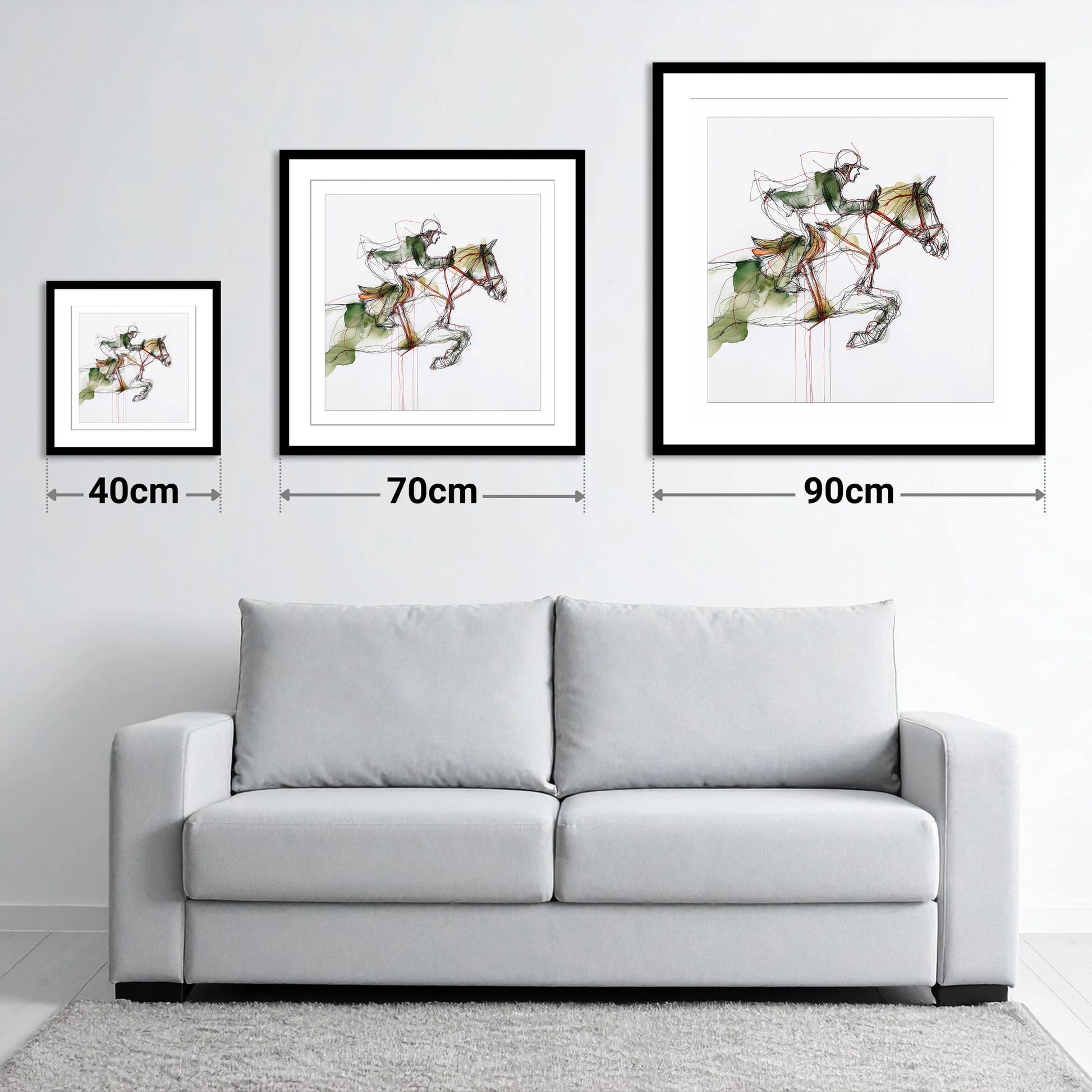 Dynamic Flight - size guide showing 40cm, 70cm and 90cm art prints