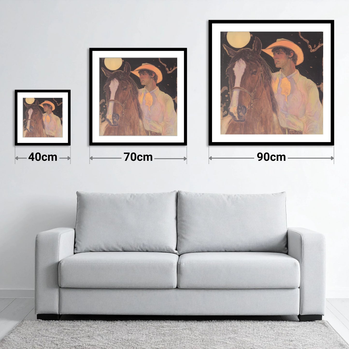 Under the Prairie Moon - size guide showing 40cm, 70cm and 90cm art prints