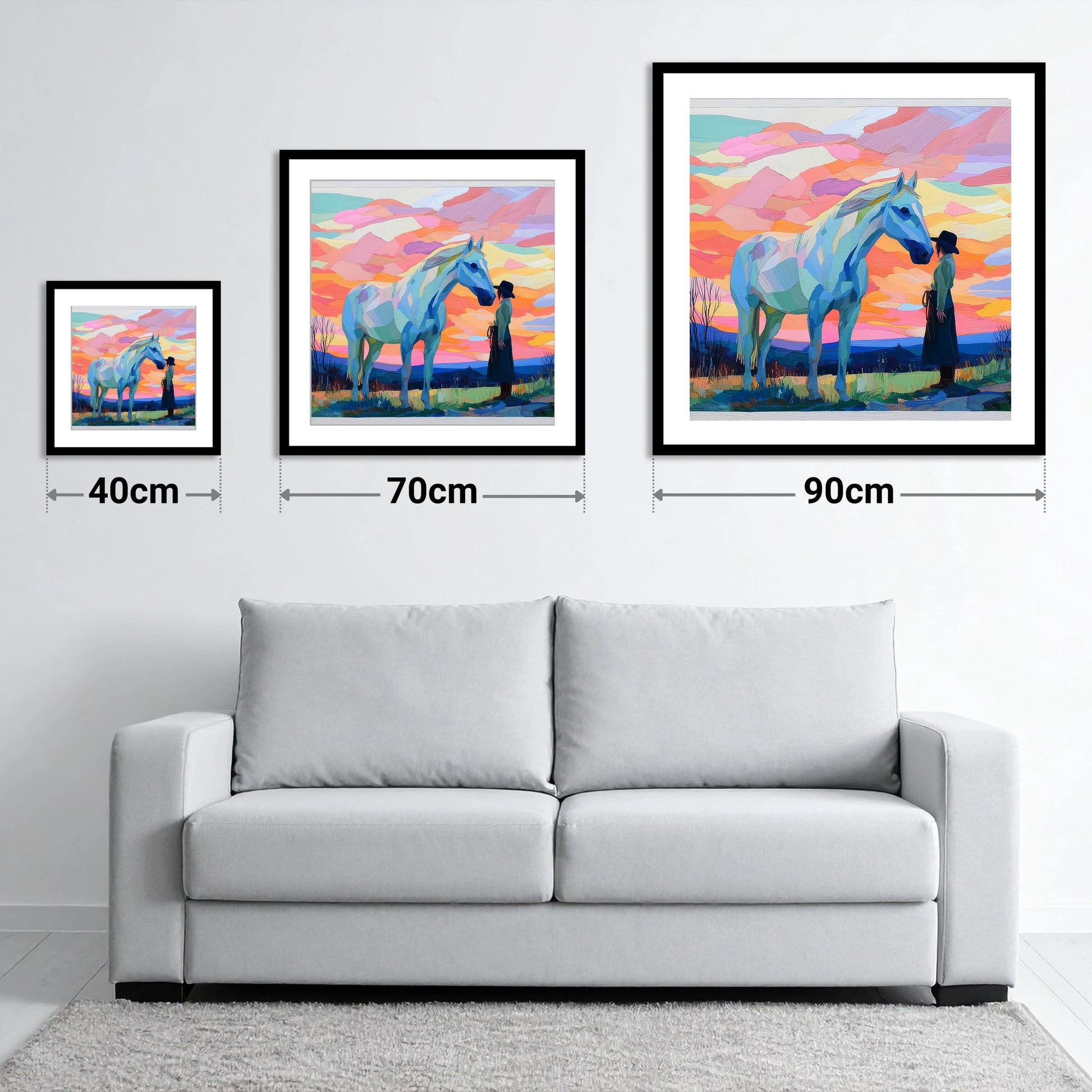Vibrant Horizon Partnership - size guide showing 40cm, 70cm and 90cm art prints