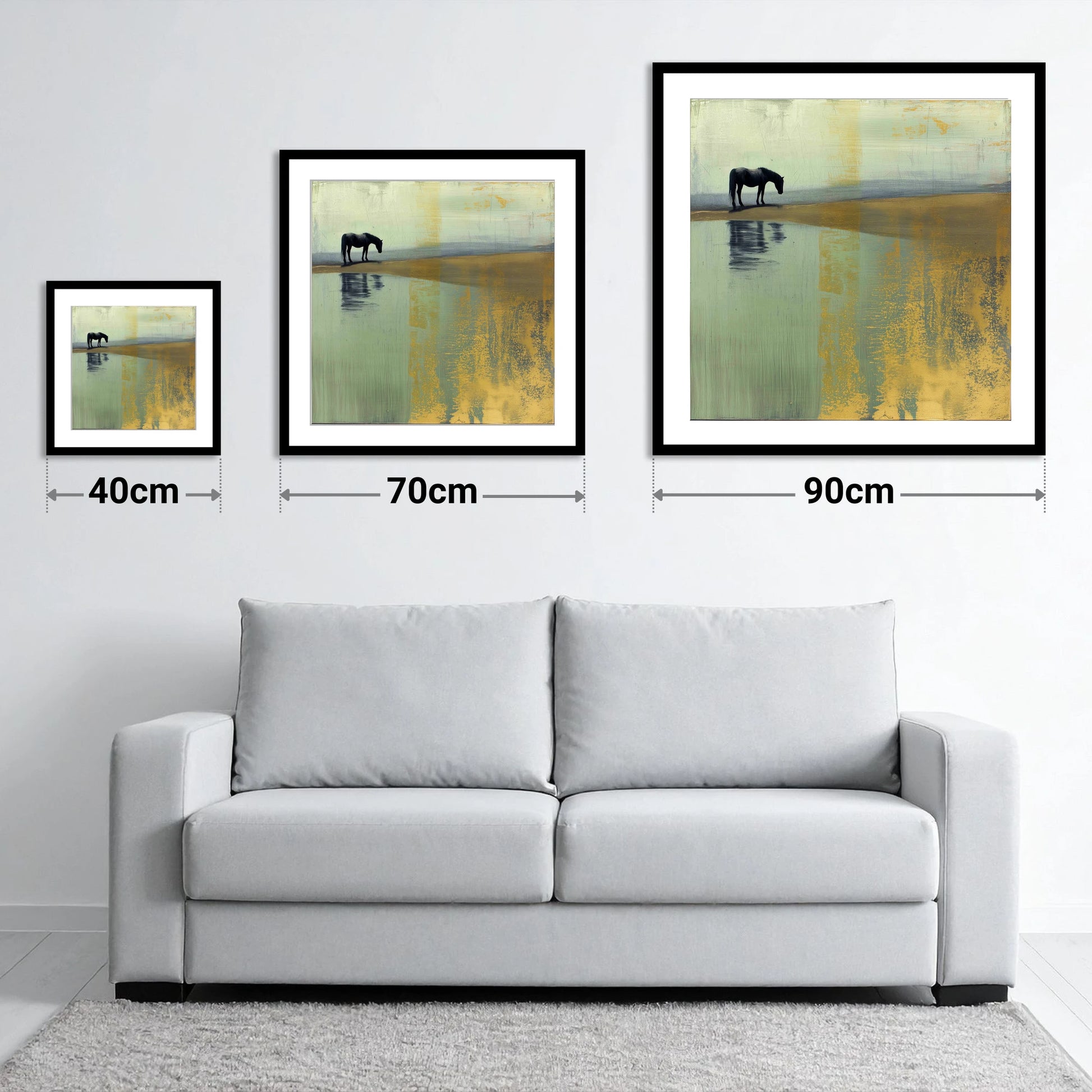 Gilded Solitude - size guide showing 40cm, 70cm and 90cm art prints