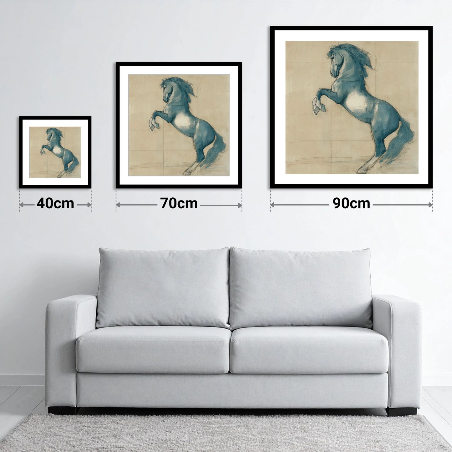 Azure Equine Study - size guide showing 40cm, 70cm and 90cm art prints