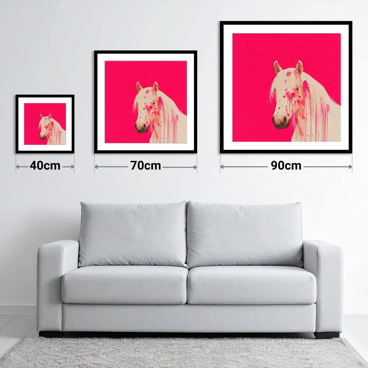 Modern Magenta Equine - size guide showing 40cm, 70cm and 90cm art prints