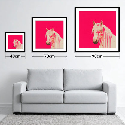 Modern Magenta Equine - size guide showing 40cm, 70cm and 90cm art prints