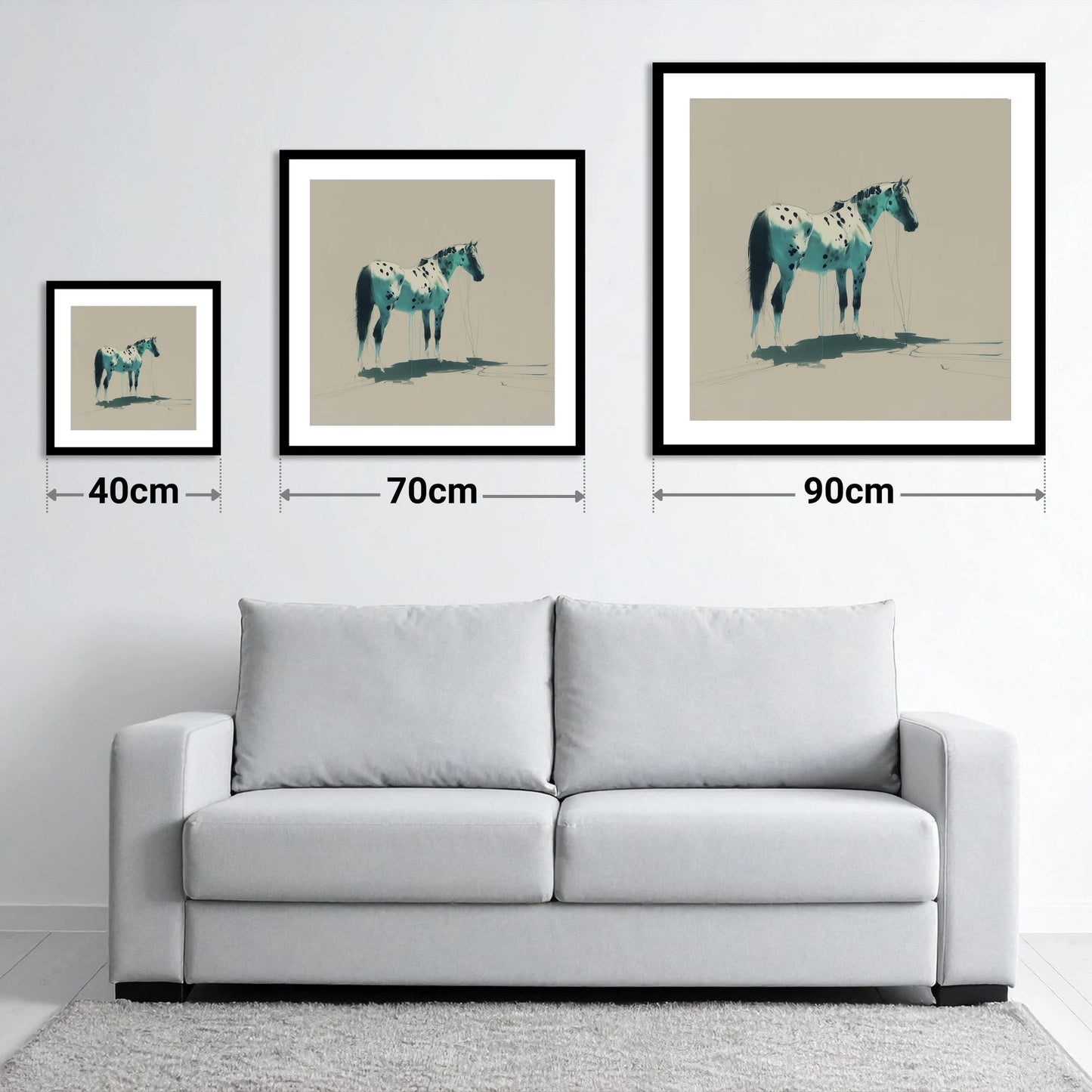 Azure Spotted Appaloosa - size guide showing 40cm, 70cm and 90cm art prints