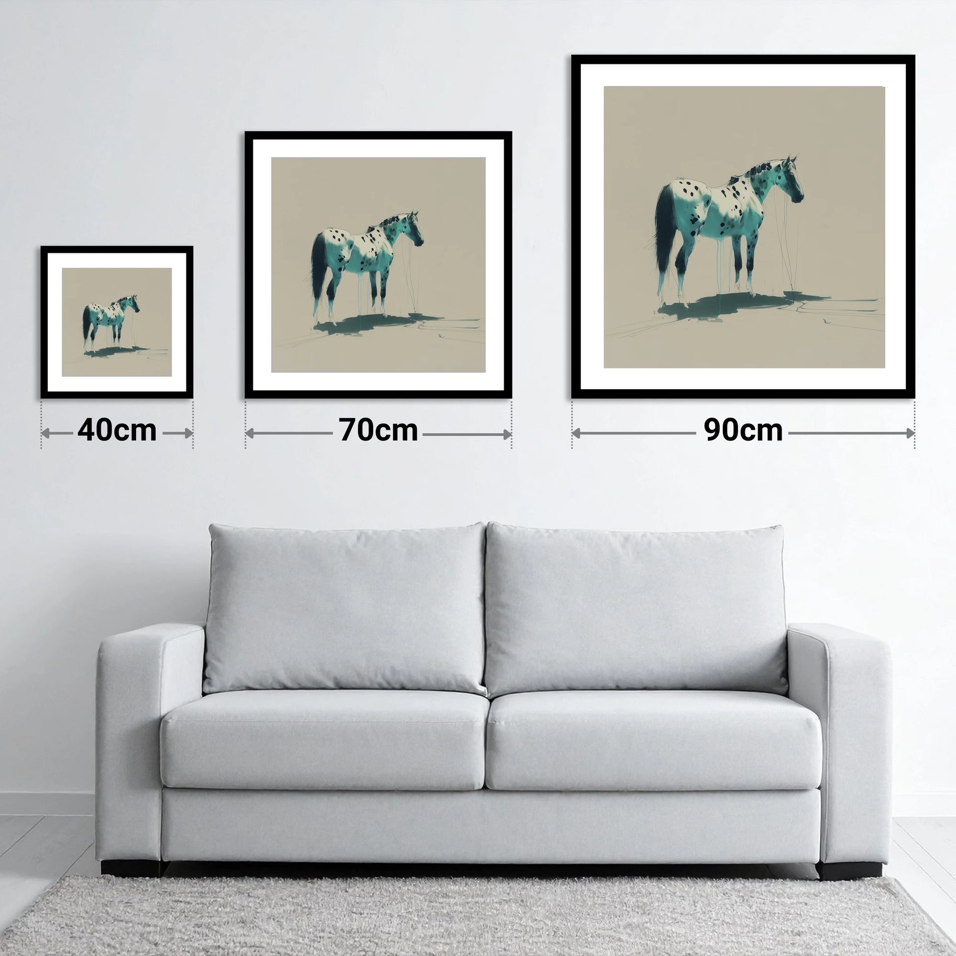 Azure Spotted Appaloosa - size guide showing 40cm, 70cm and 90cm art prints