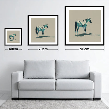 Azure Spotted Appaloosa - size guide showing 40cm, 70cm and 90cm art prints