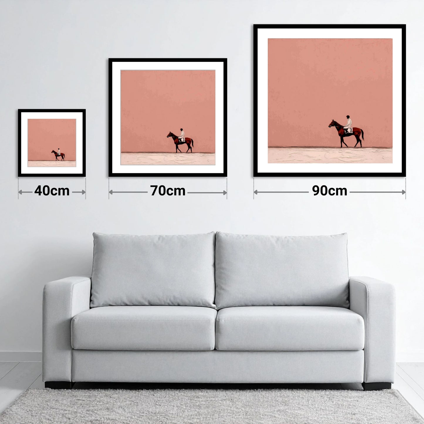 The Quiet Paddock - size guide showing 40cm, 70cm and 90cm art prints