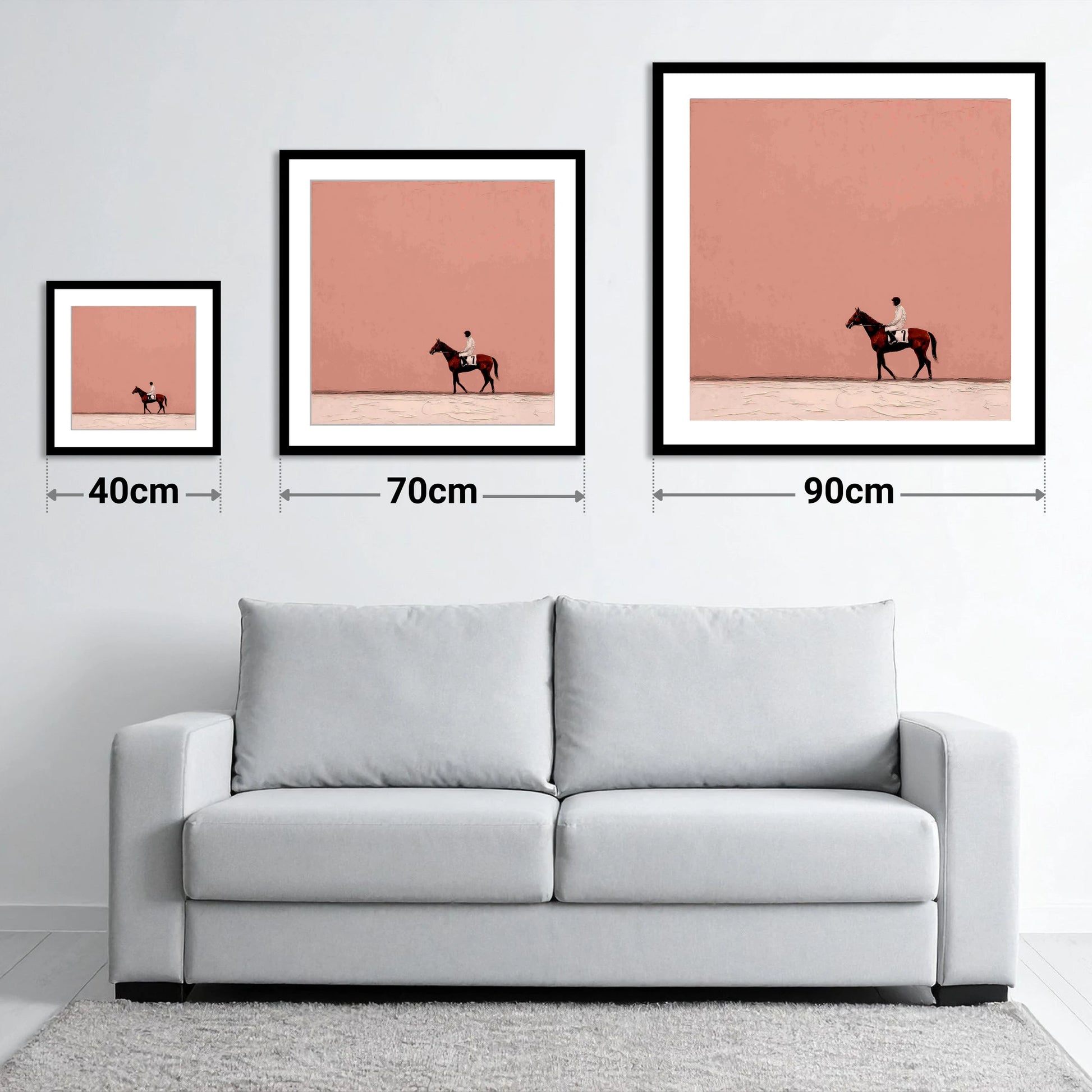 The Quiet Paddock - size guide showing 40cm, 70cm and 90cm art prints