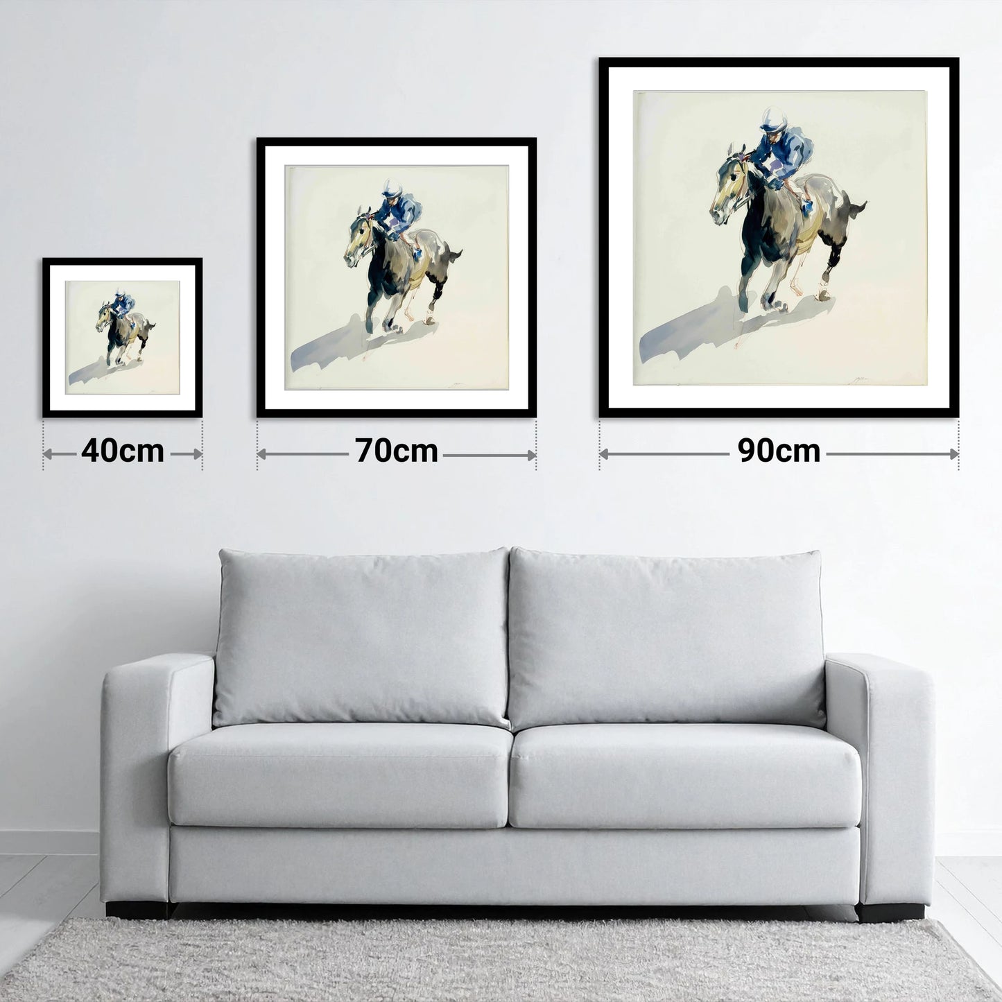 Mid-Stride in Indigo - size guide showing 40cm, 70cm and 90cm art prints