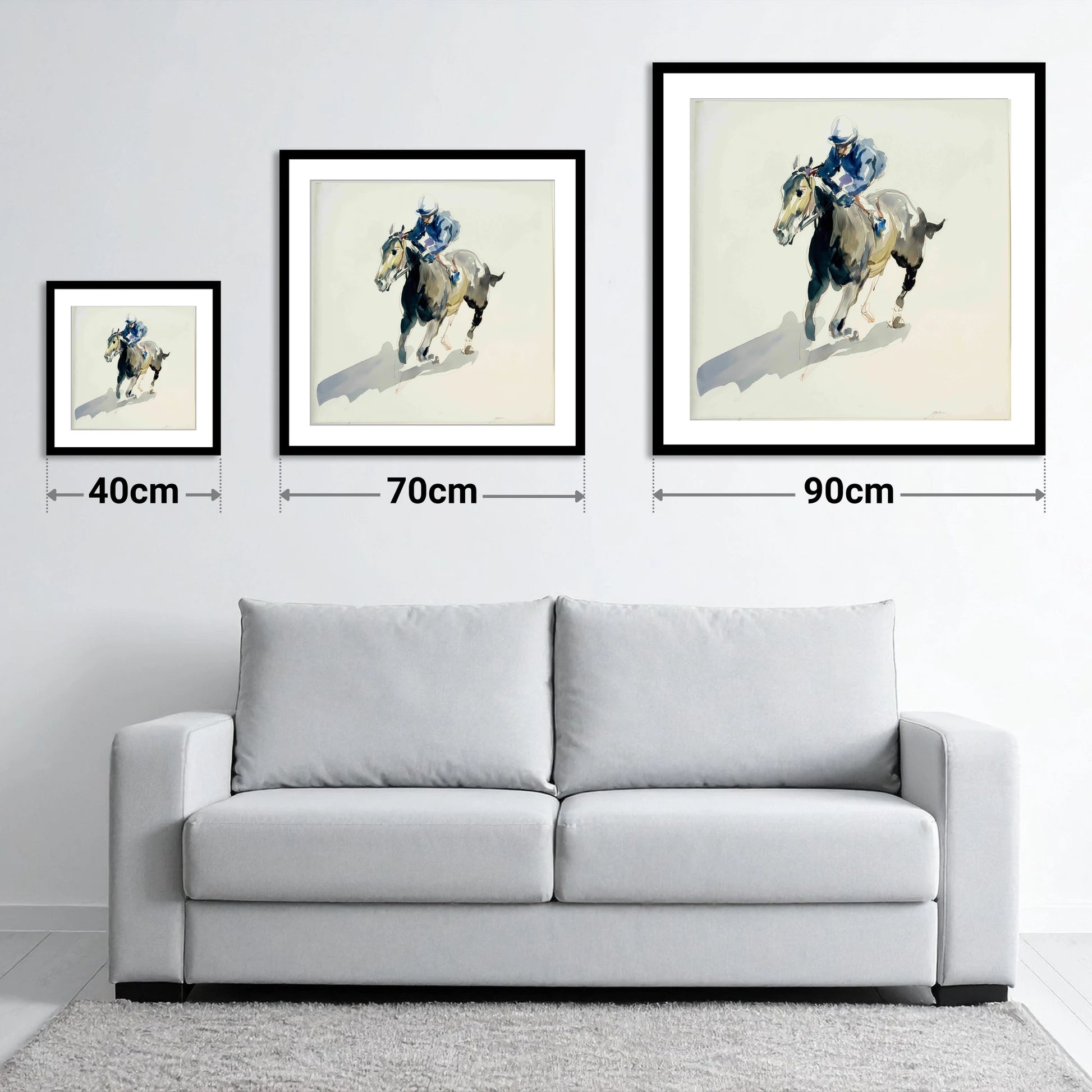 Mid-Stride in Indigo - size guide showing 40cm, 70cm and 90cm art prints