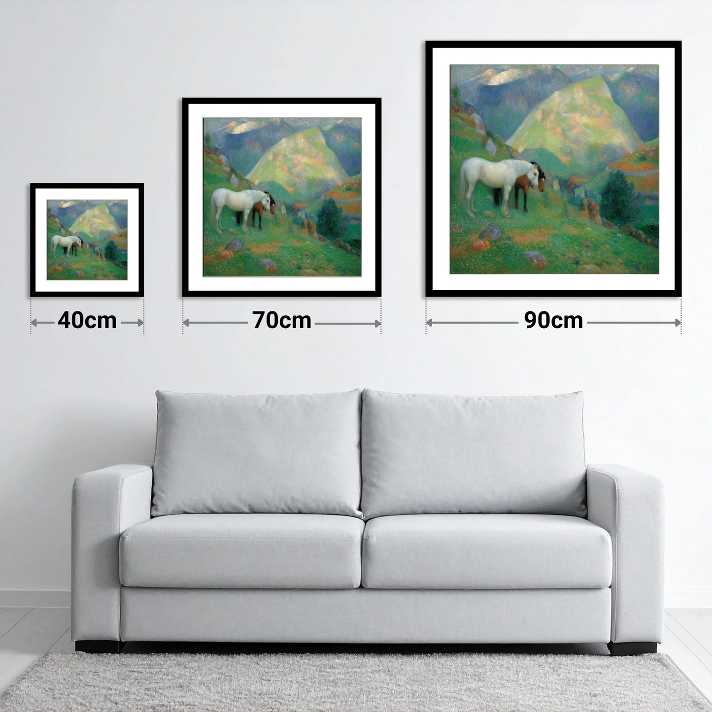High Country Companions - size guide showing 40cm, 70cm and 90cm art prints