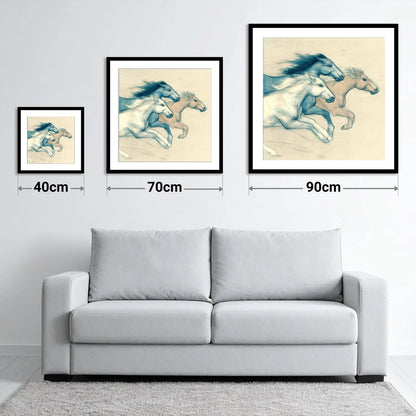 Azure Equine Trio - size guide showing 40cm, 70cm and 90cm art prints