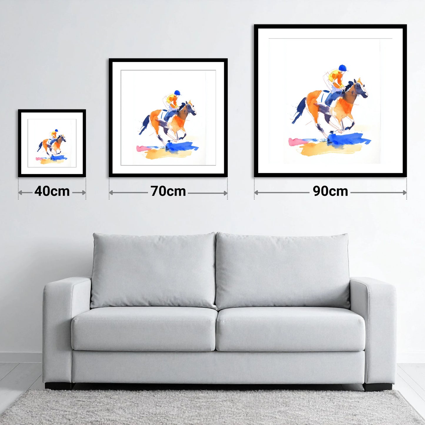 Vivid Gallop - size guide showing 40cm, 70cm and 90cm art prints