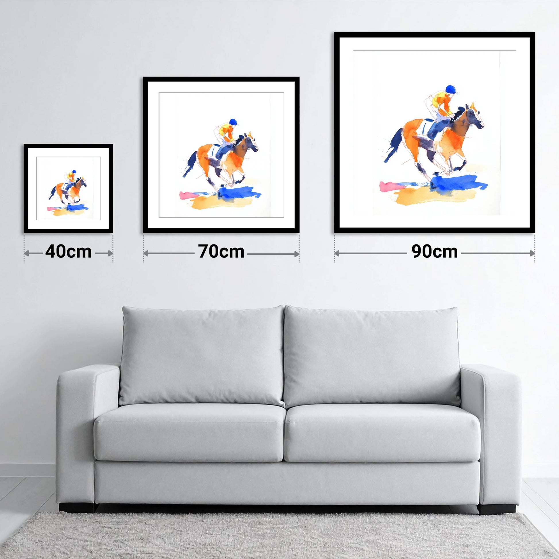 Vivid Gallop - size guide showing 40cm, 70cm and 90cm art prints