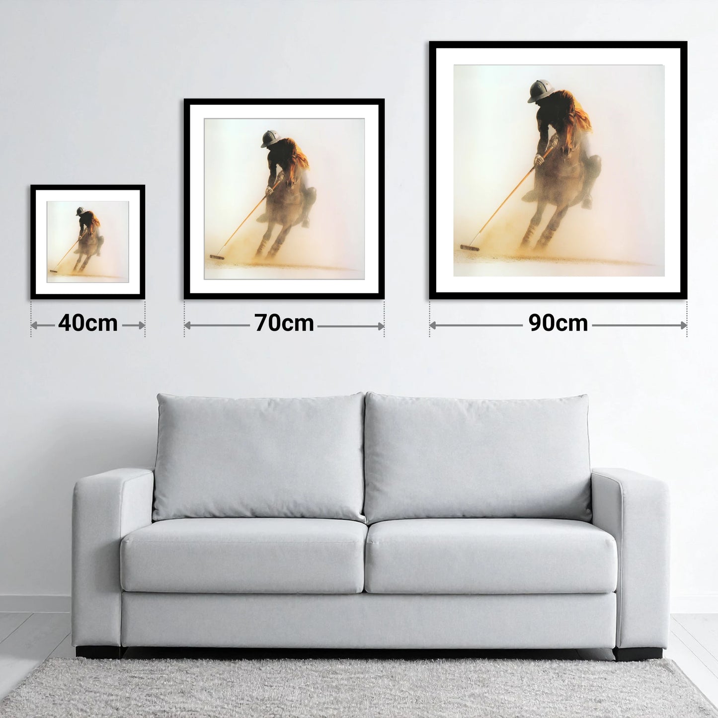 Out of the Dust - size guide showing 40cm, 70cm and 90cm art prints