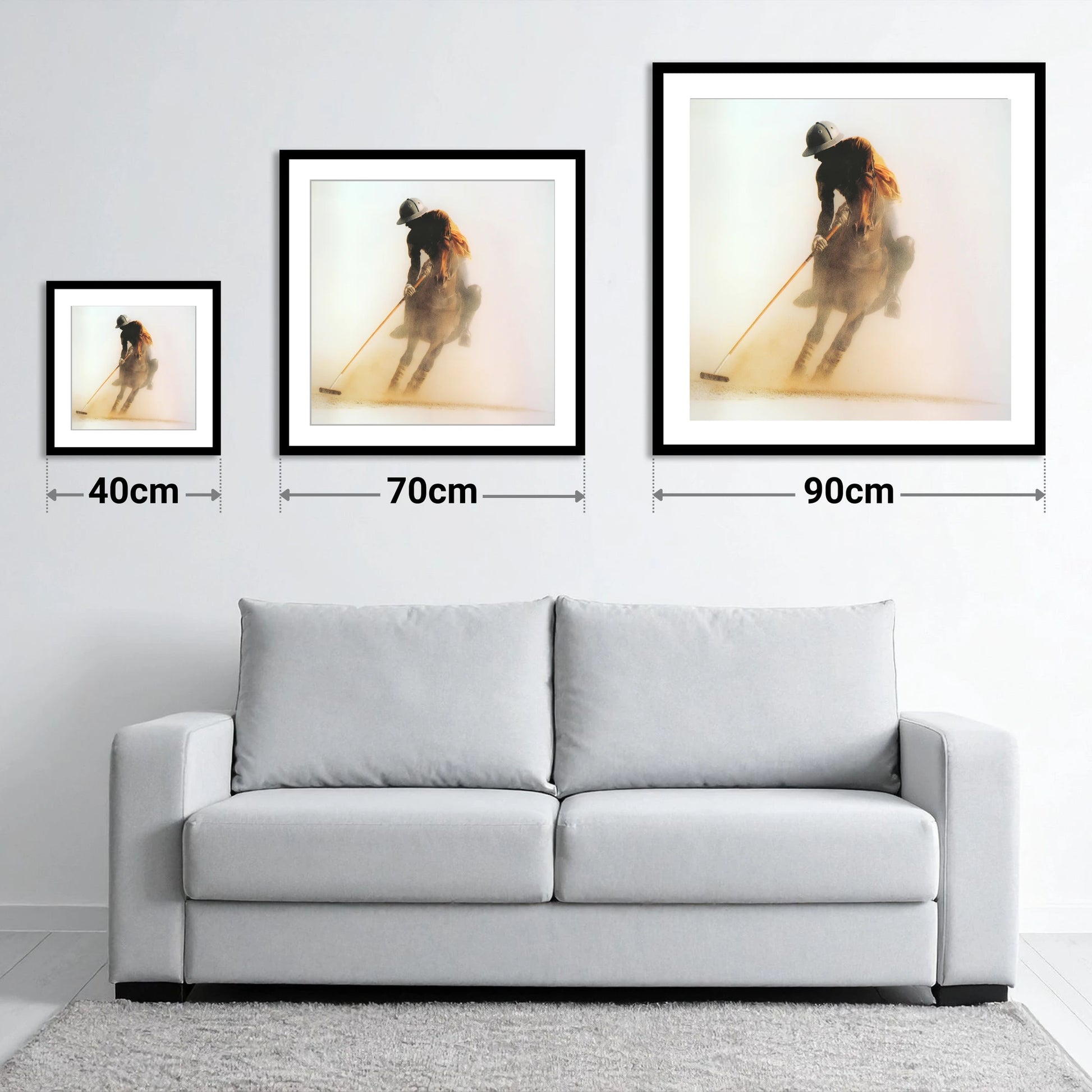 Out of the Dust - size guide showing 40cm, 70cm and 90cm art prints