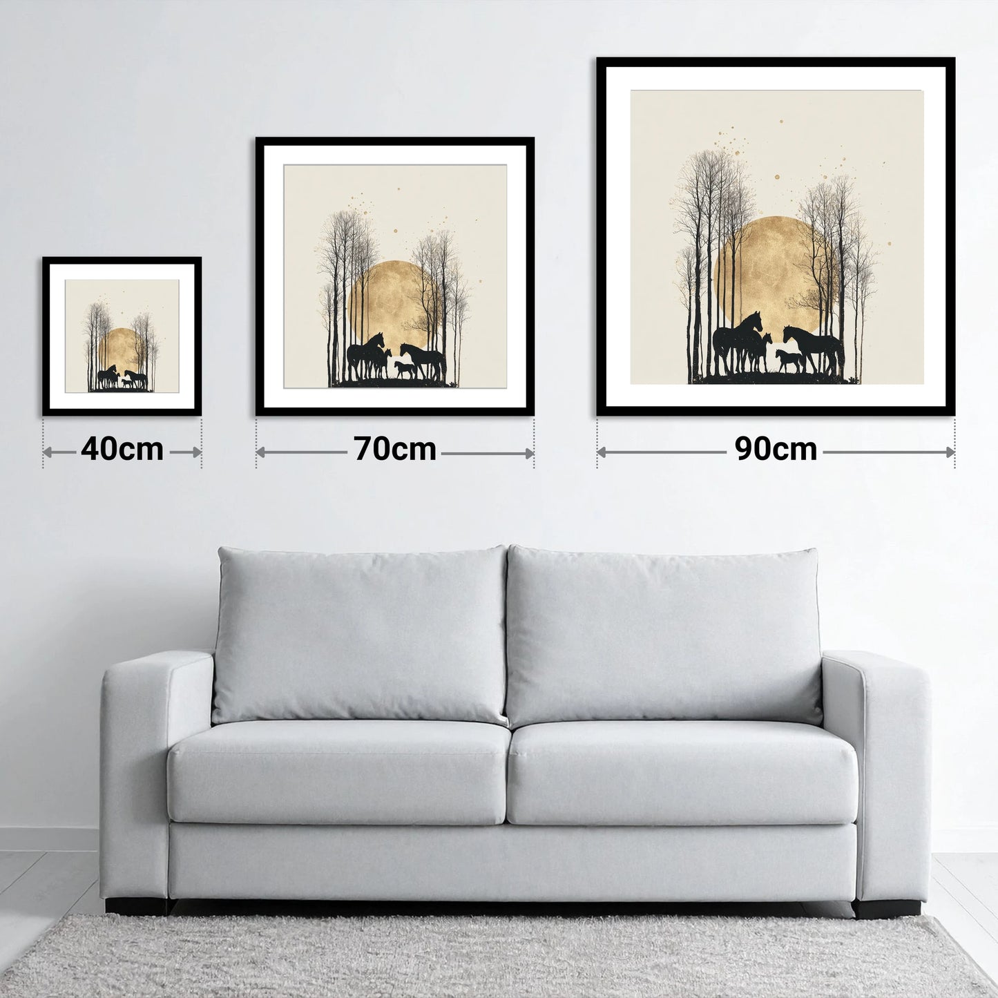 Moonlit Forest Clearing - size guide showing 40cm, 70cm and 90cm art prints