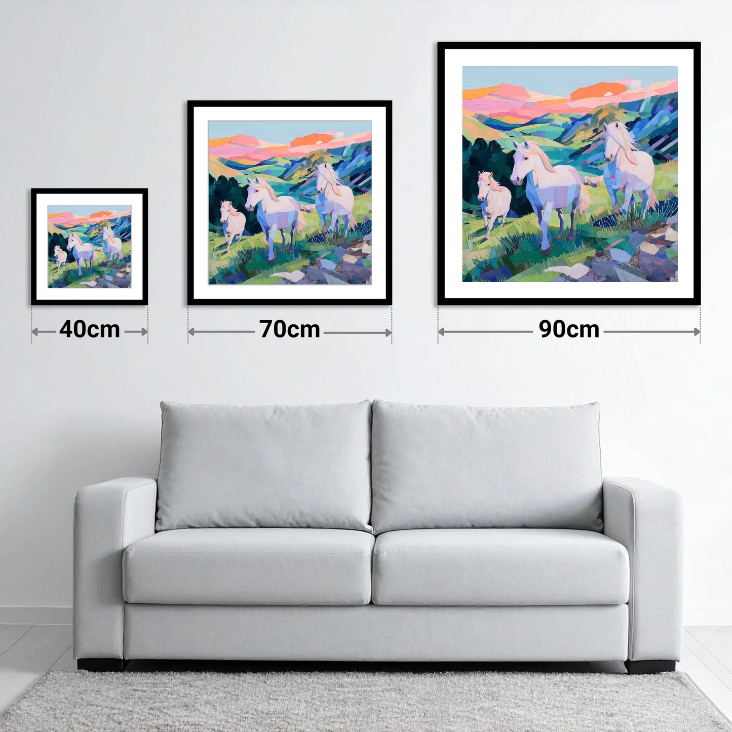Vibrant Valley Herd - size guide showing 40cm, 70cm and 90cm art prints