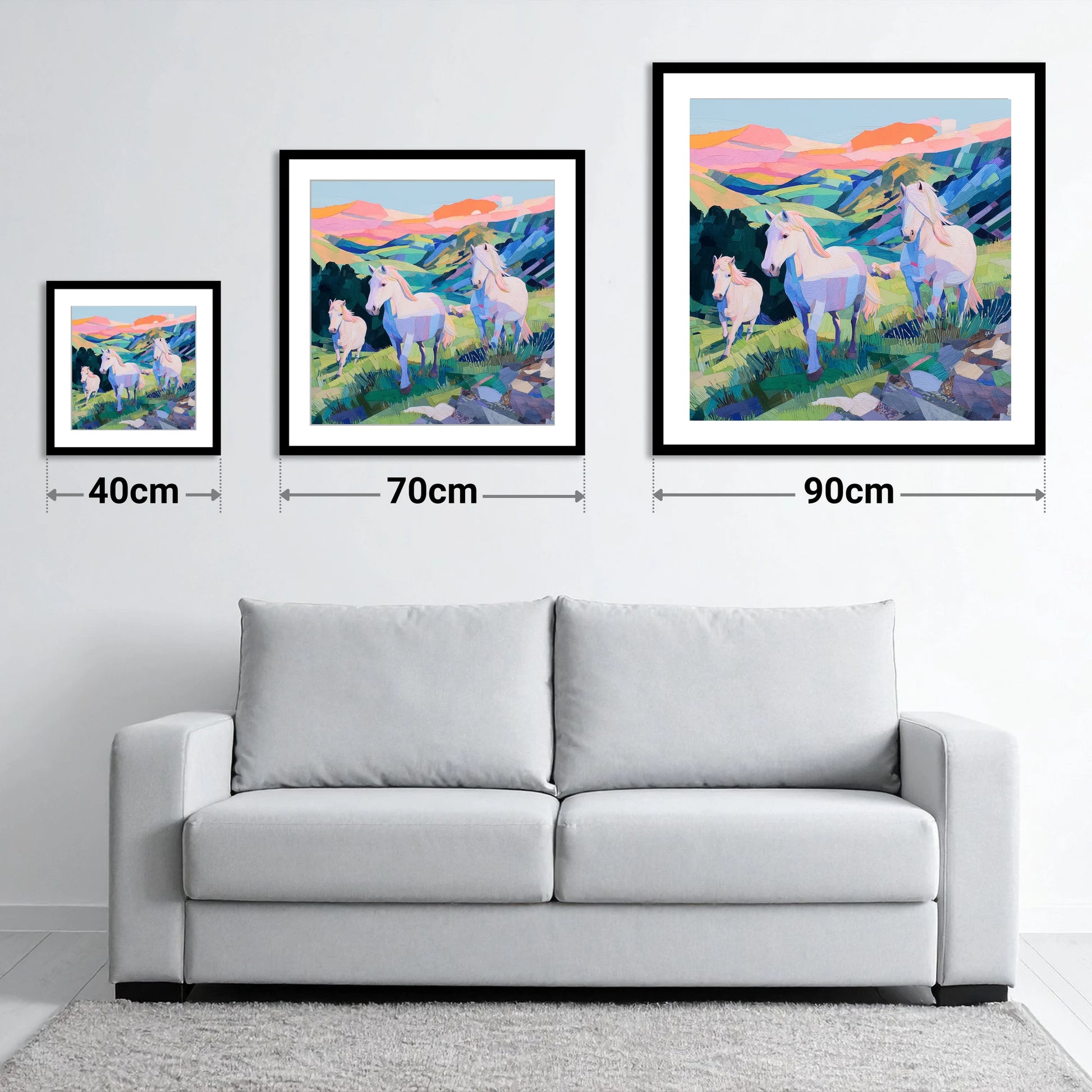 Vibrant Valley Herd - size guide showing 40cm, 70cm and 90cm art prints