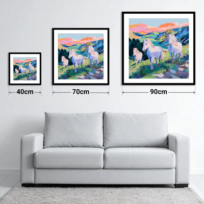 Vibrant Valley Herd - size guide showing 40cm, 70cm and 90cm art prints