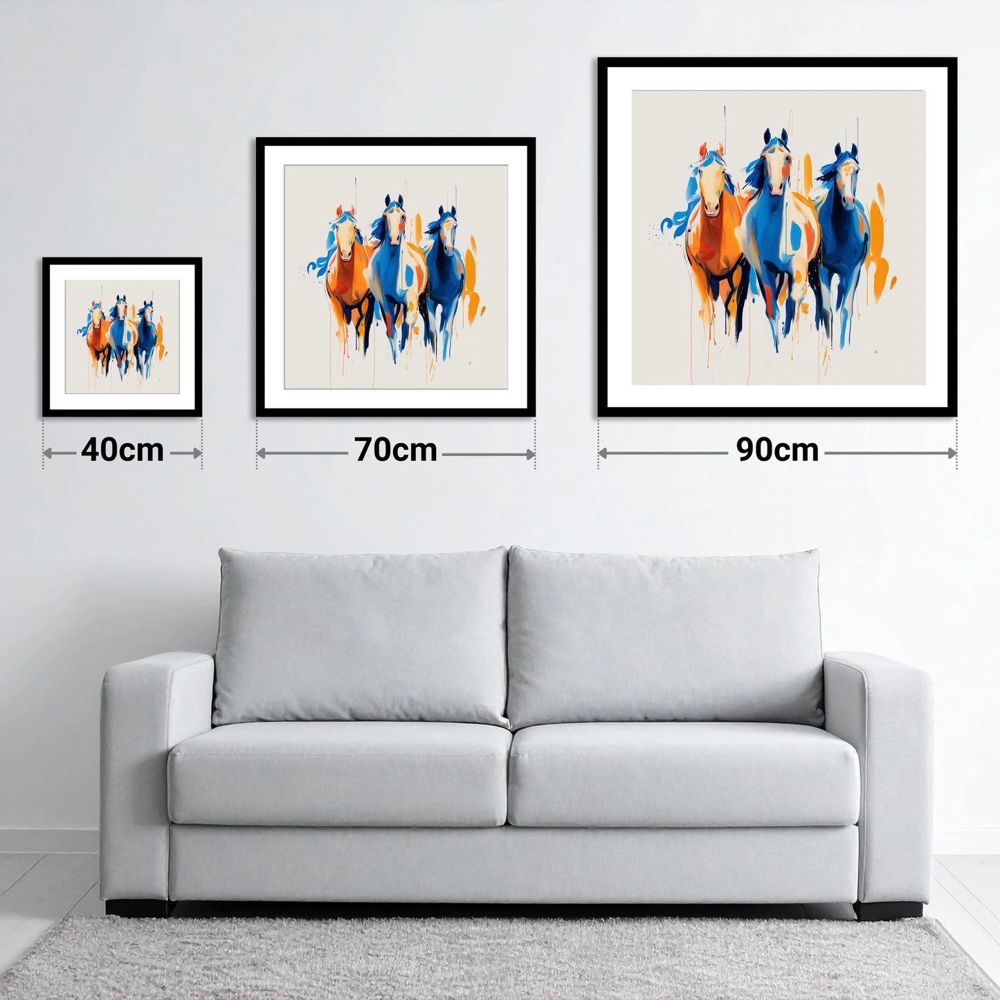 Cobalt and Amber Canter - size guide showing 40cm, 70cm and 90cm art prints