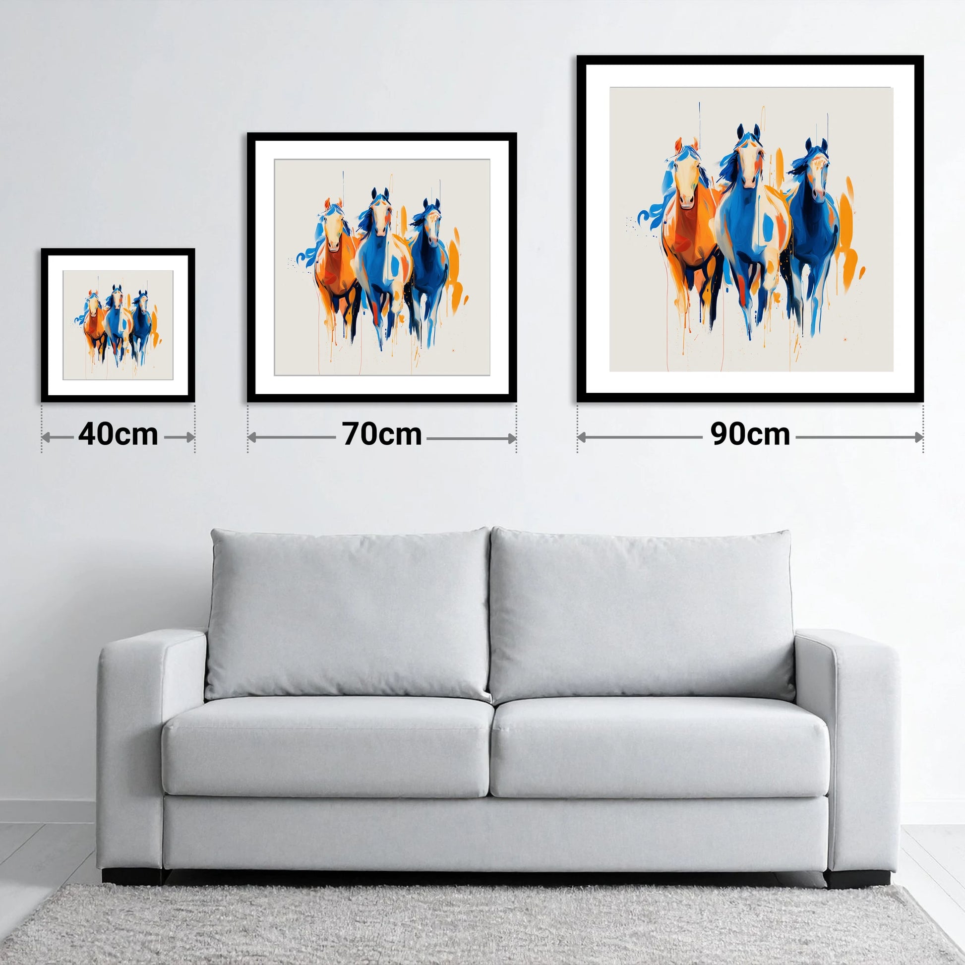 Cobalt and Amber Canter - size guide showing 40cm, 70cm and 90cm art prints