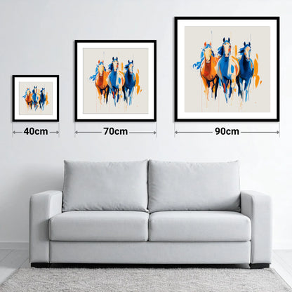 Cobalt and Amber Canter - size guide showing 40cm, 70cm and 90cm art prints