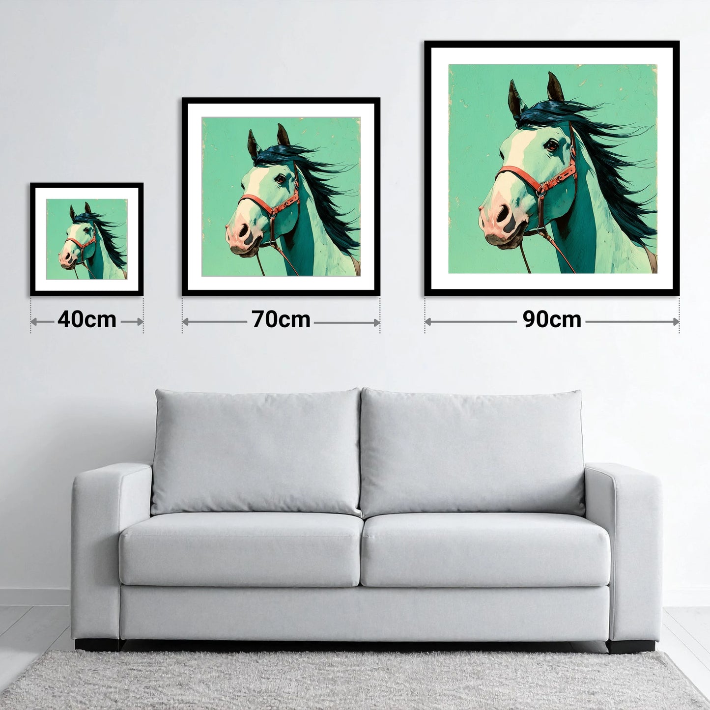 Windswept in Teal - size guide showing 40cm, 70cm and 90cm art prints