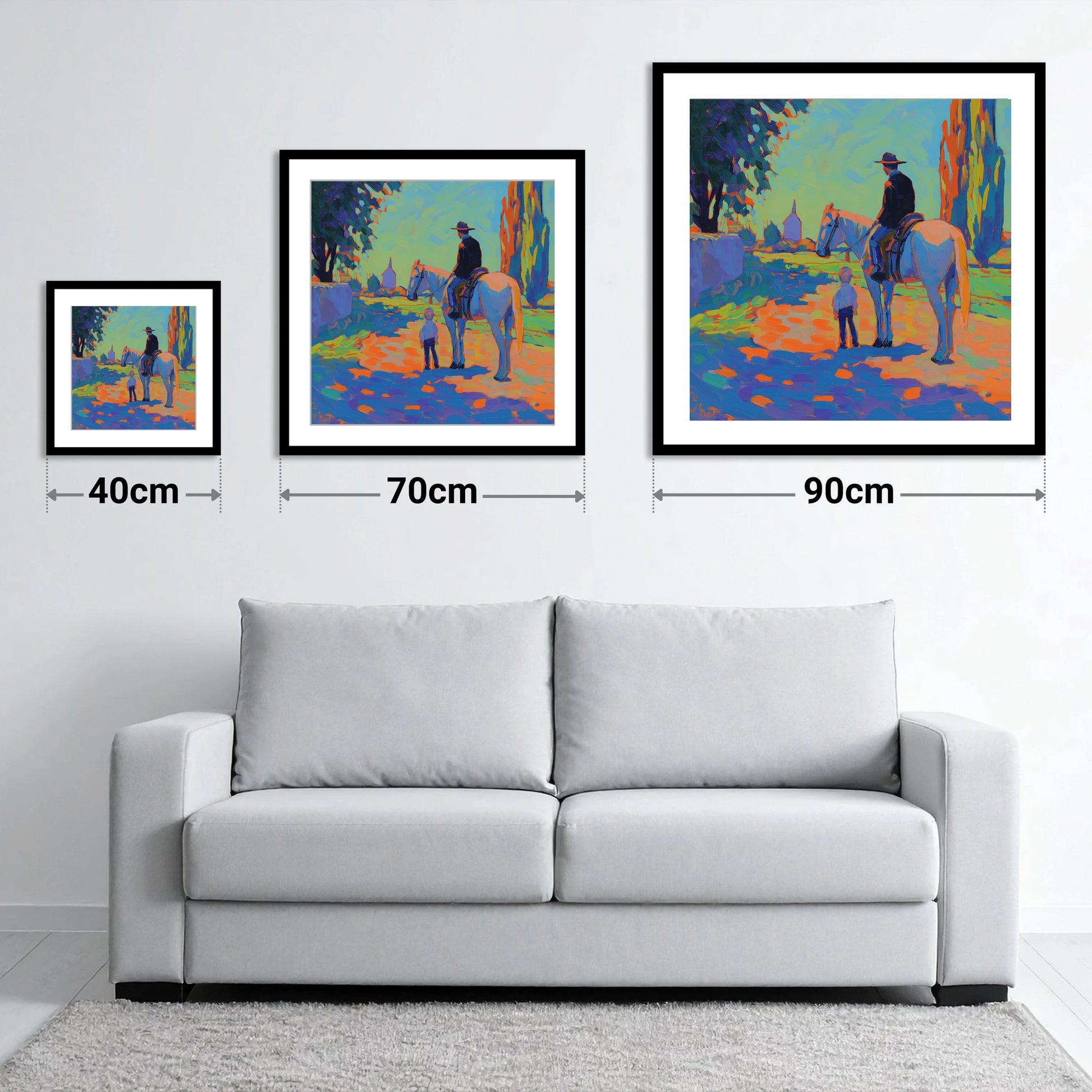 The Young Admirer - size guide showing 40cm, 70cm and 90cm art prints