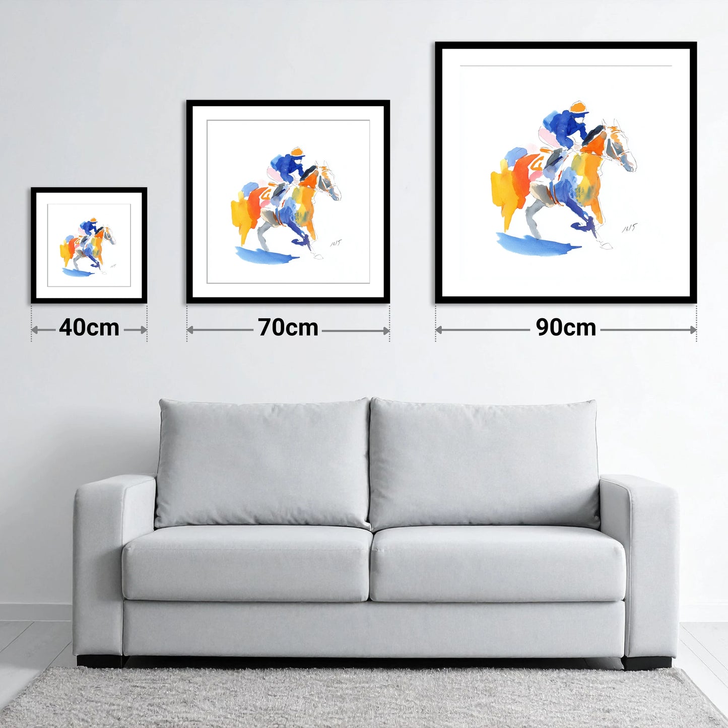 The Colourful Chase - size guide showing 40cm, 70cm and 90cm art prints
