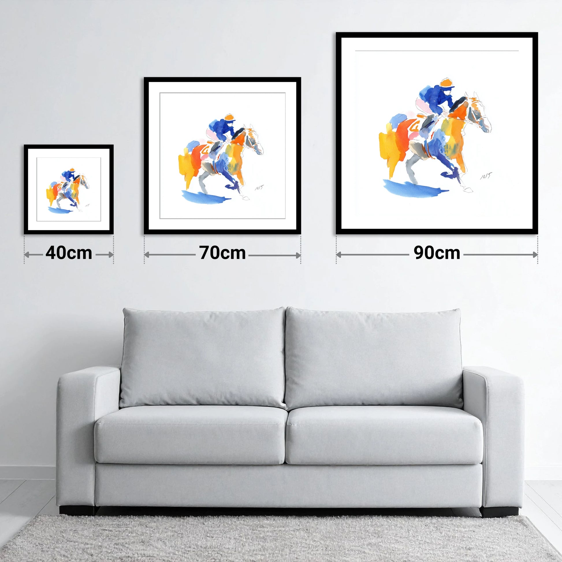 The Colourful Chase - size guide showing 40cm, 70cm and 90cm art prints