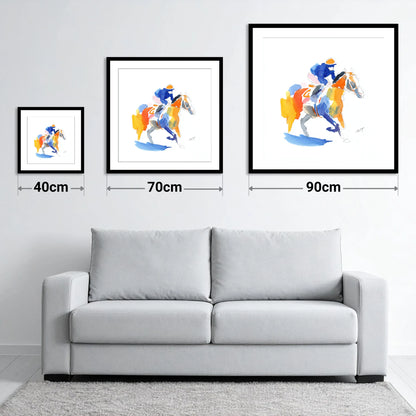 The Colourful Chase - size guide showing 40cm, 70cm and 90cm art prints