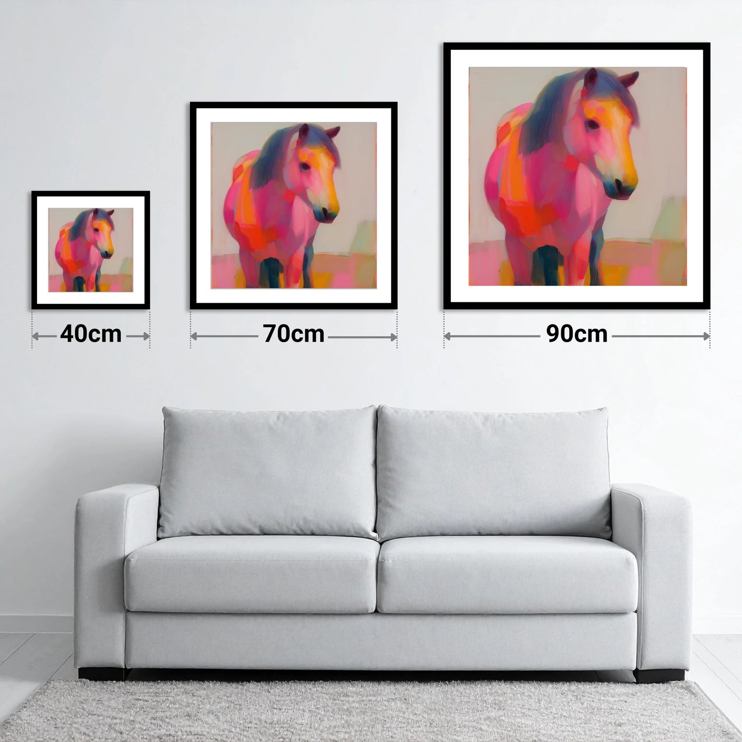 The Chromatic Pony - size guide showing 40cm, 70cm and 90cm art prints