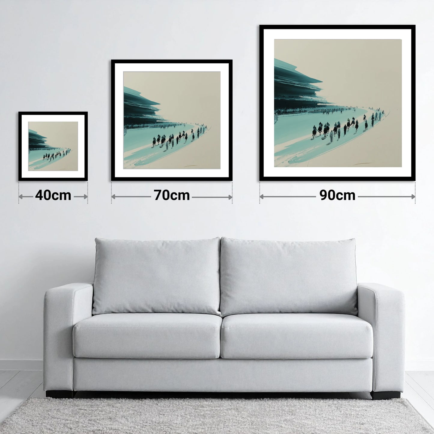 The Final Curve - size guide showing 40cm, 70cm and 90cm art prints