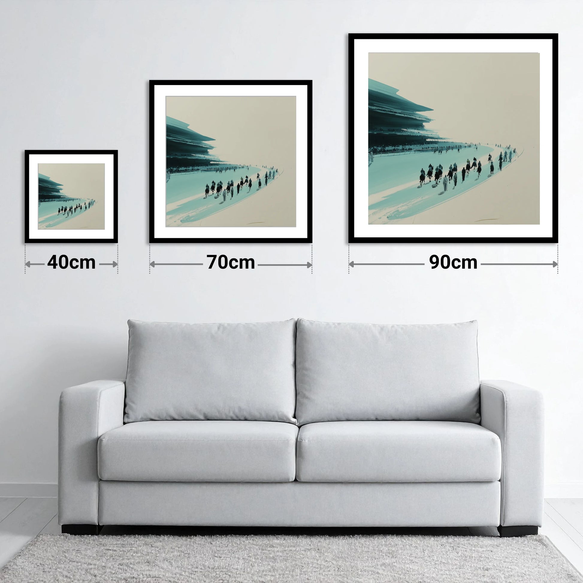 The Final Curve - size guide showing 40cm, 70cm and 90cm art prints