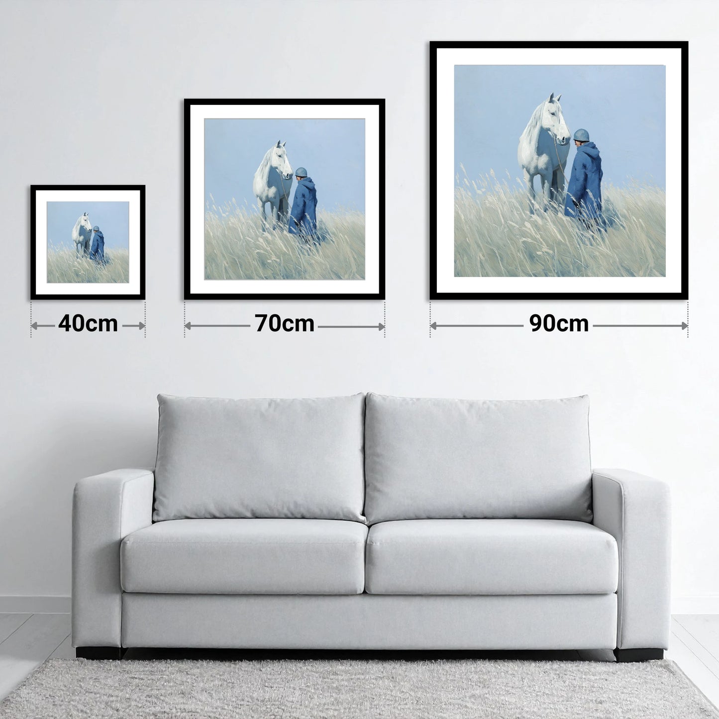 The Quiet Bond - size guide showing 40cm, 70cm and 90cm art prints