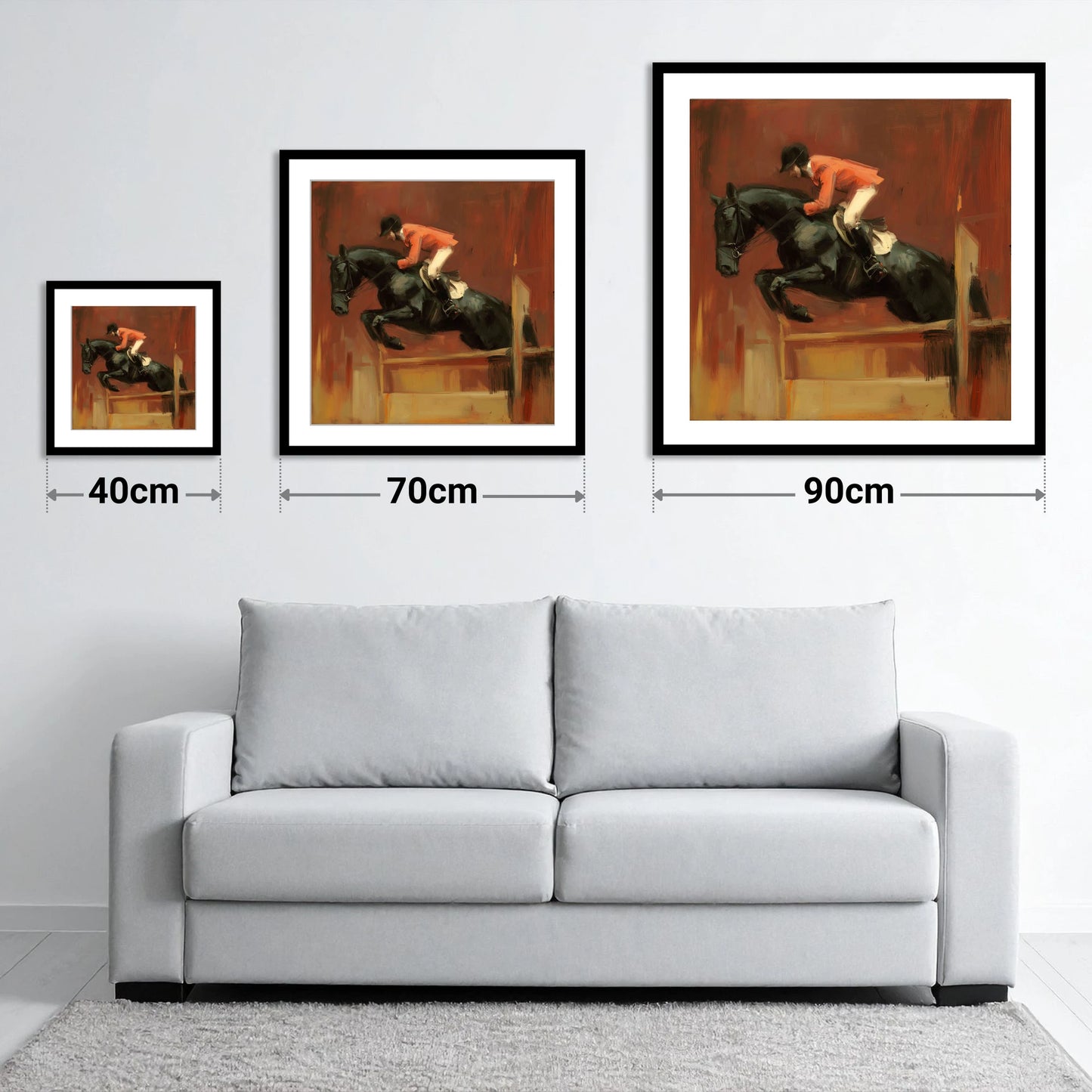 The Bold Leap - size guide showing 40cm, 70cm and 90cm art prints