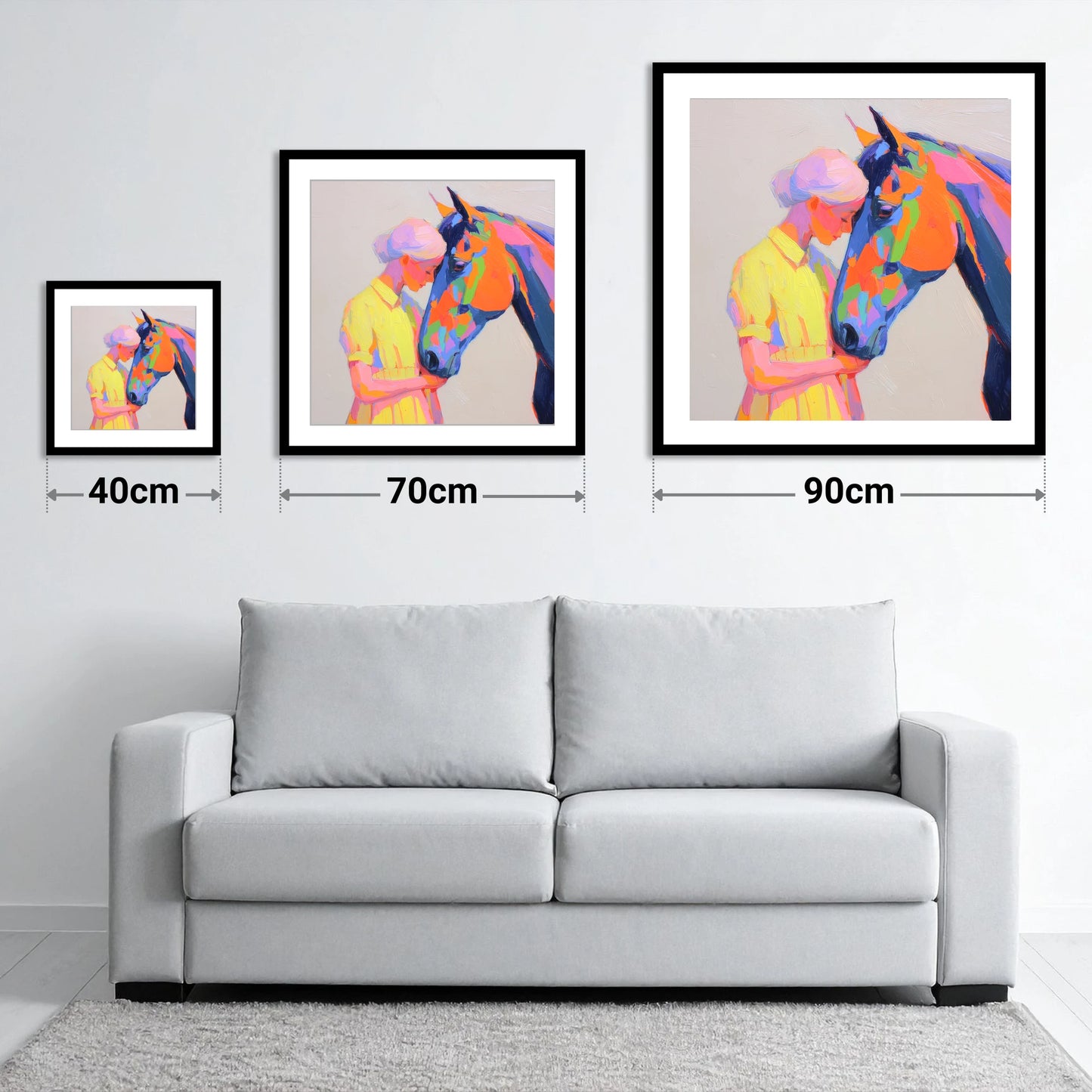 Radiant Connection - size guide showing 40cm, 70cm and 90cm art prints