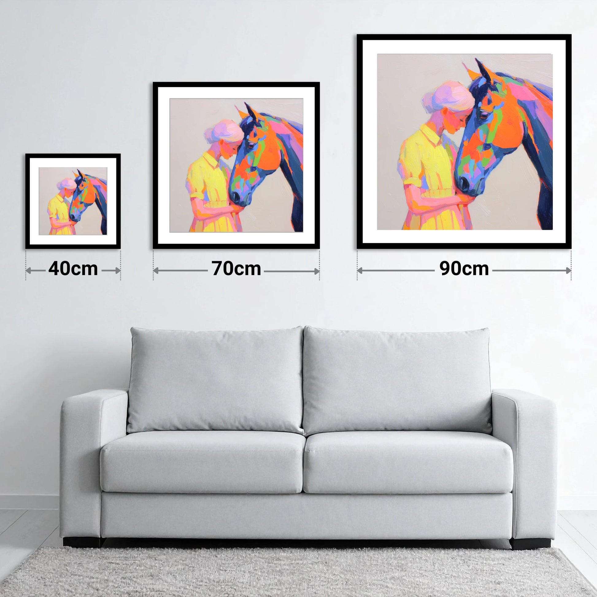 Radiant Connection - size guide showing 40cm, 70cm and 90cm art prints