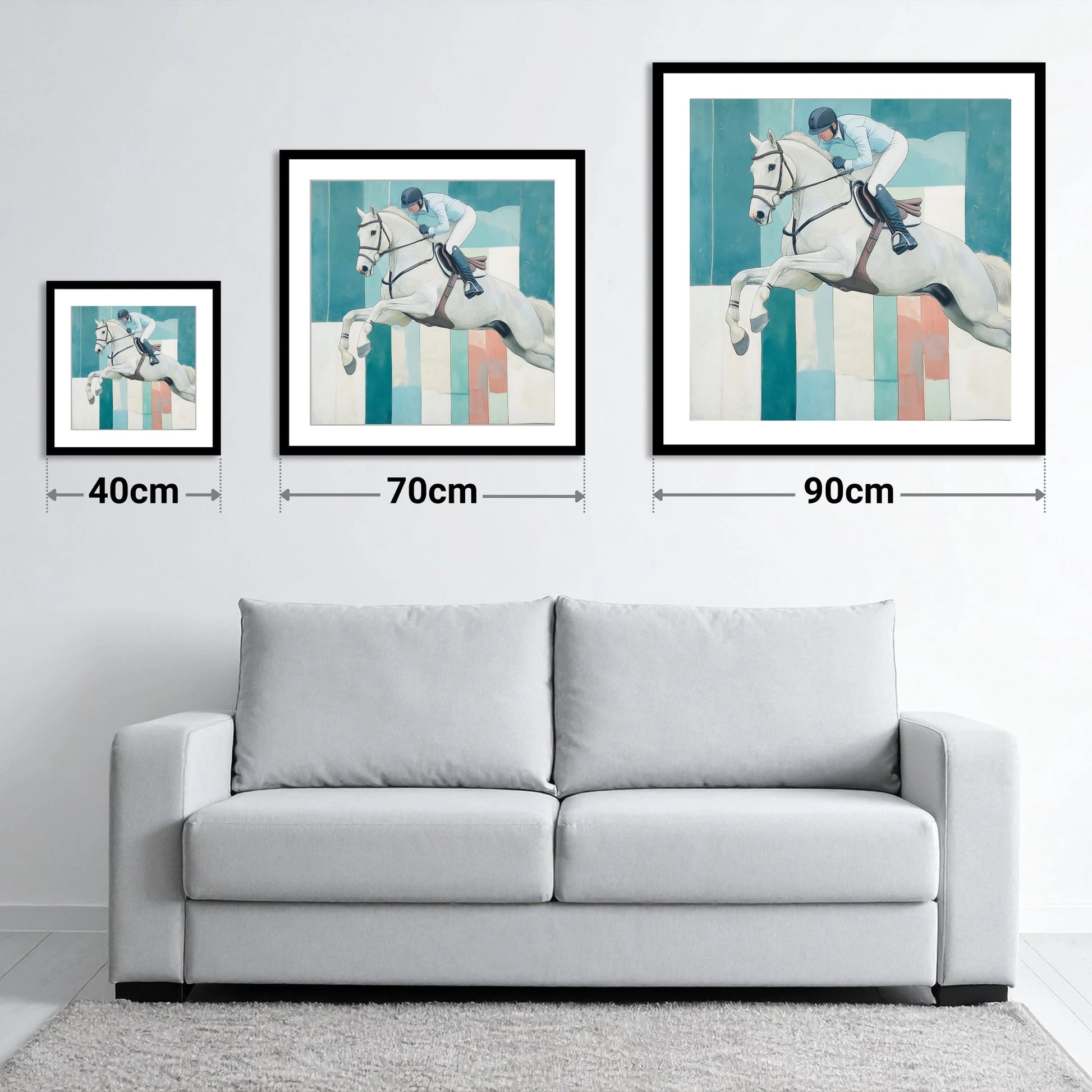 Aquamarine Ascent - size guide showing 40cm, 70cm and 90cm art prints