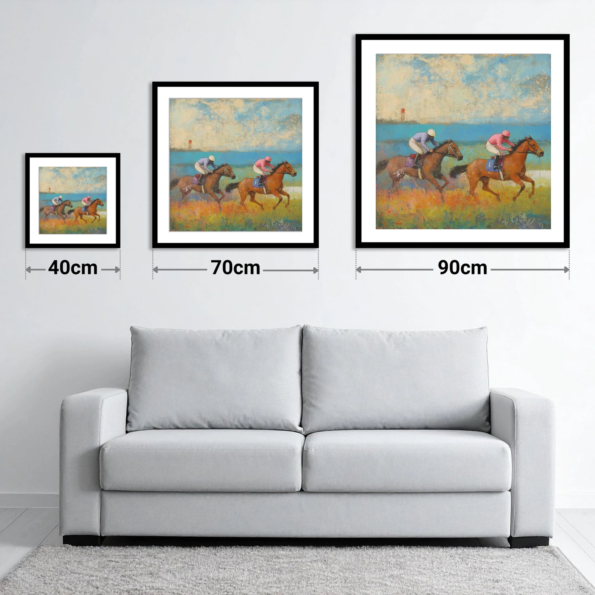 Turf and Tide - size guide showing 40cm, 70cm and 90cm art prints