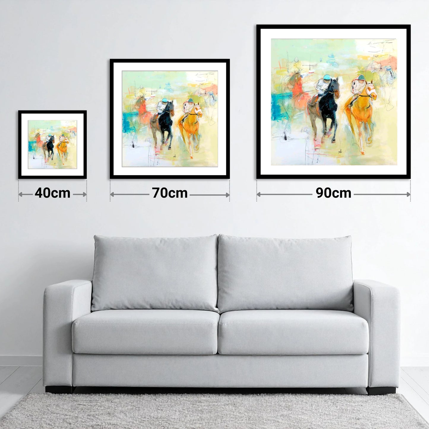 Thundering Strides - size guide showing 40cm, 70cm and 90cm art prints