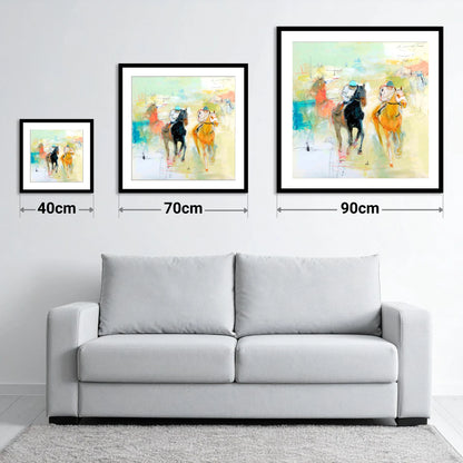 Thundering Strides - size guide showing 40cm, 70cm and 90cm art prints