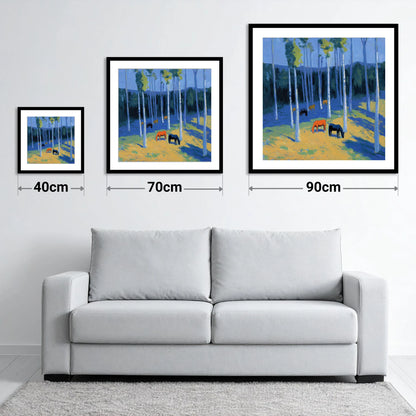 Golden Light in the Azure Grove - size guide showing 40cm, 70cm and 90cm art prints