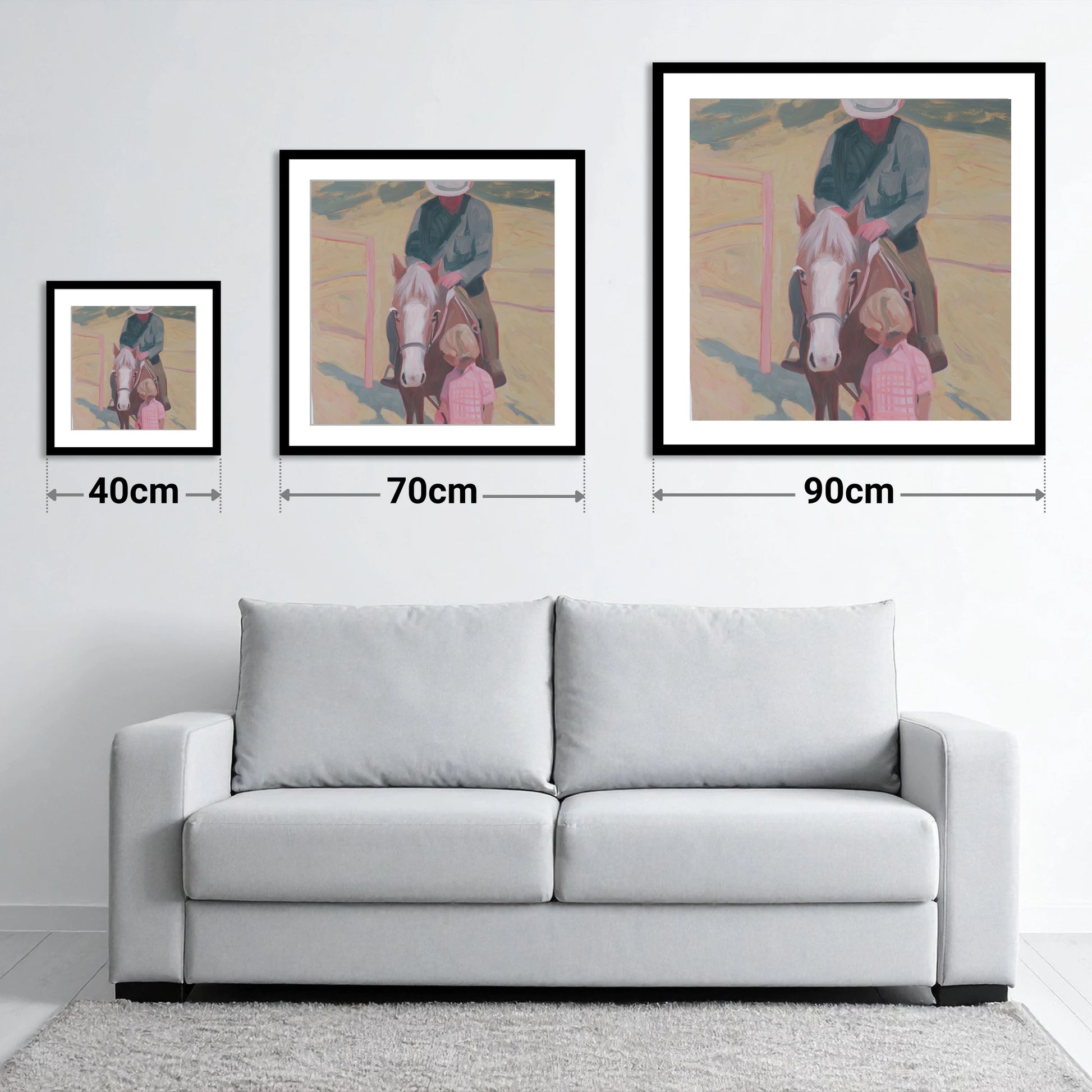 The Gentle Lesson - size guide showing 40cm, 70cm and 90cm art prints