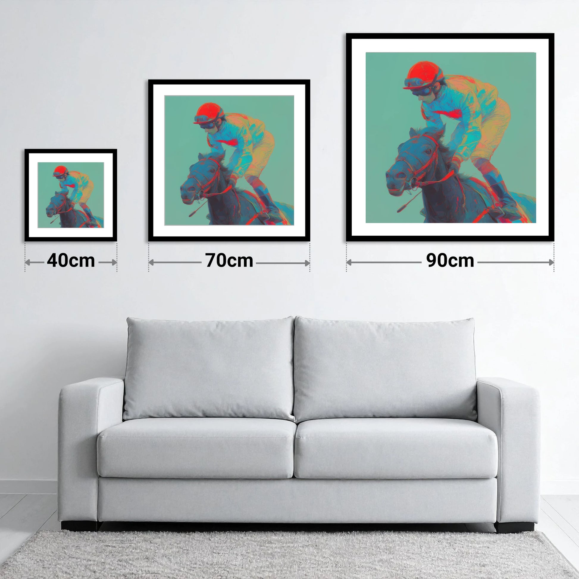 Electric Furlong - size guide showing 40cm, 70cm and 90cm art prints
