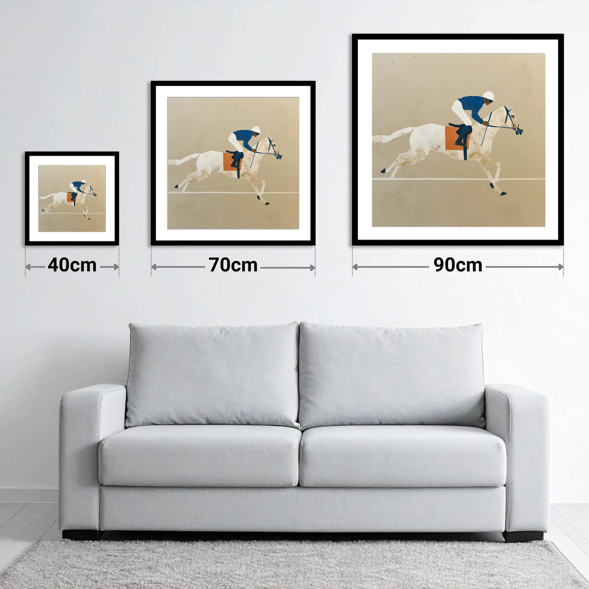 The Final Stride - size guide showing 40cm, 70cm and 90cm art prints