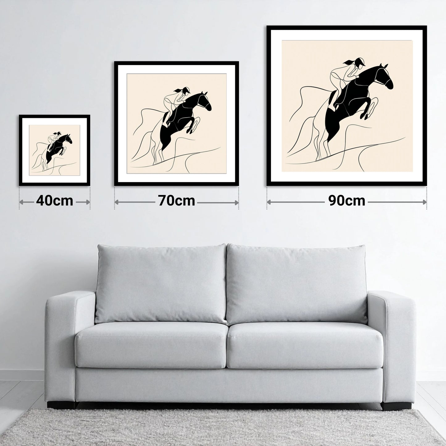 Fluid Ascent - size guide showing 40cm, 70cm and 90cm art prints